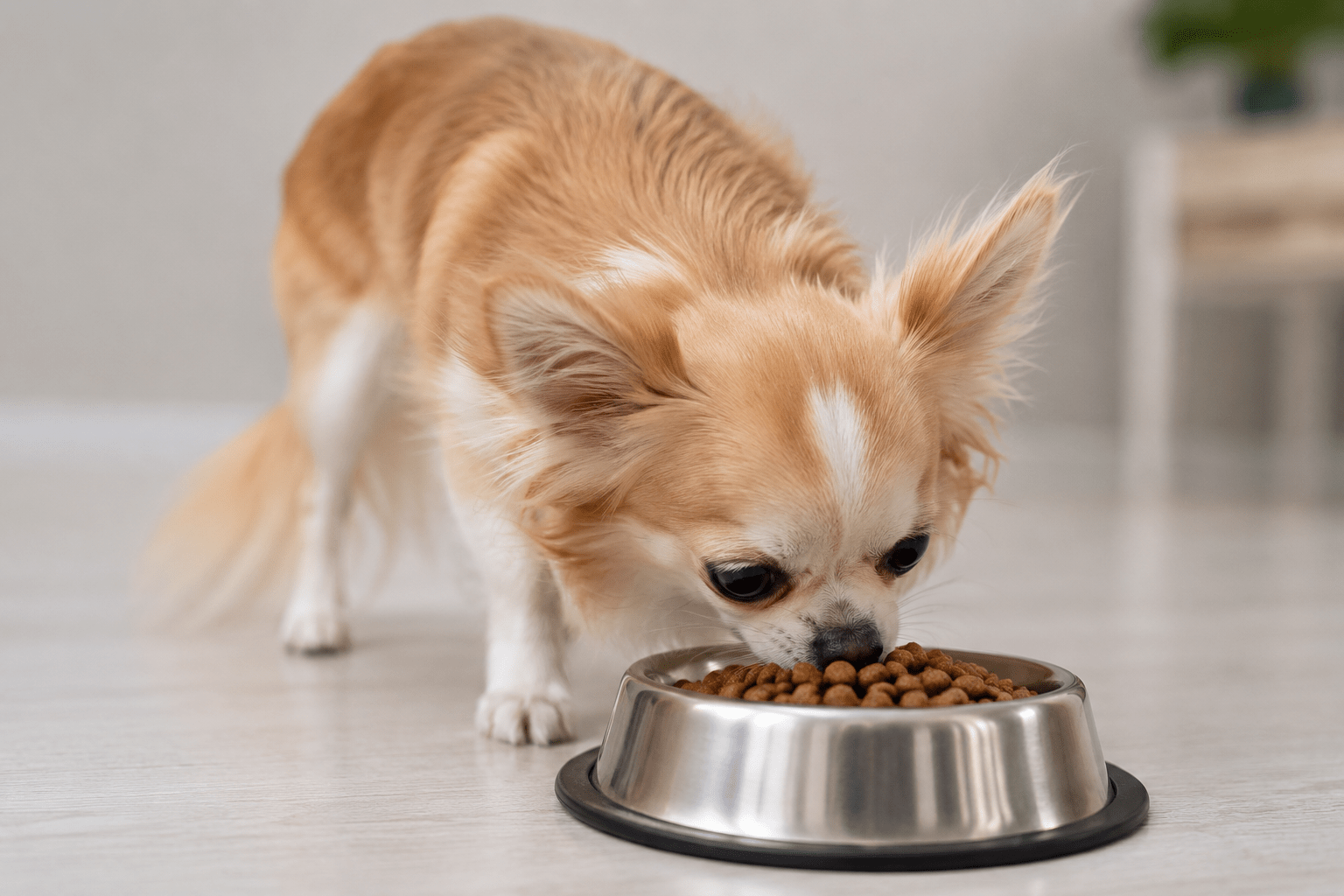 Chihuahua a pelo lungo mentre mangia crocchette da una ciotola in acciaio