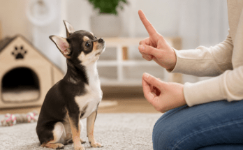 Chihuahua durante una sessione di educazione in casa con il proprietario