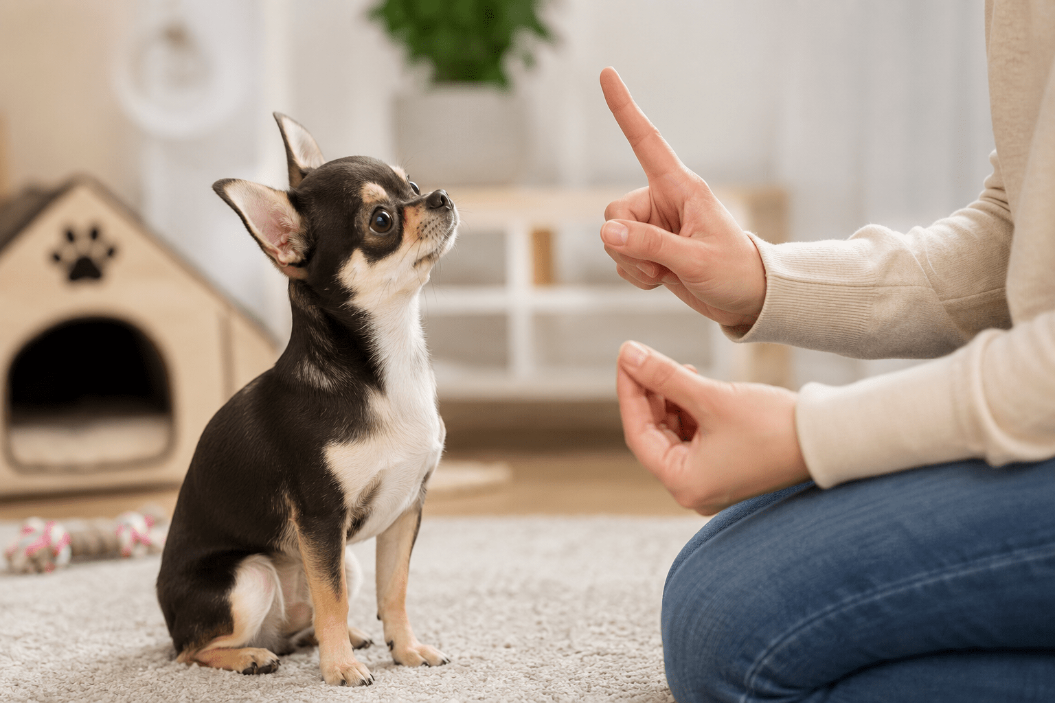 Chihuahua durante una sessione di educazione in casa con il proprietario